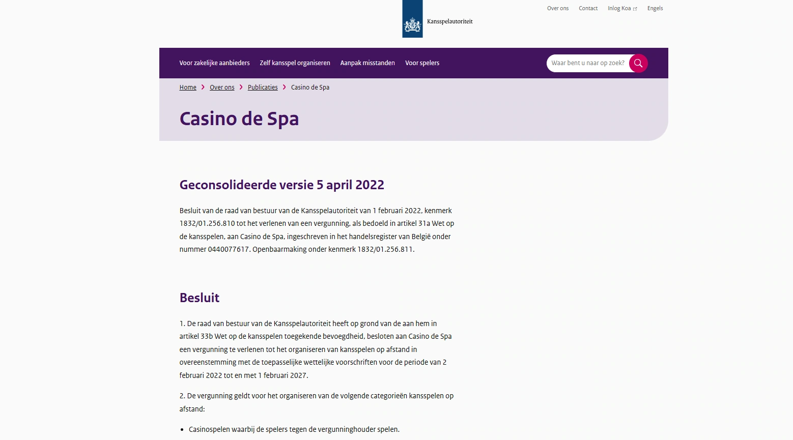 Vergunningspagina van de Kansspelautoriteit voor Casino de Spa