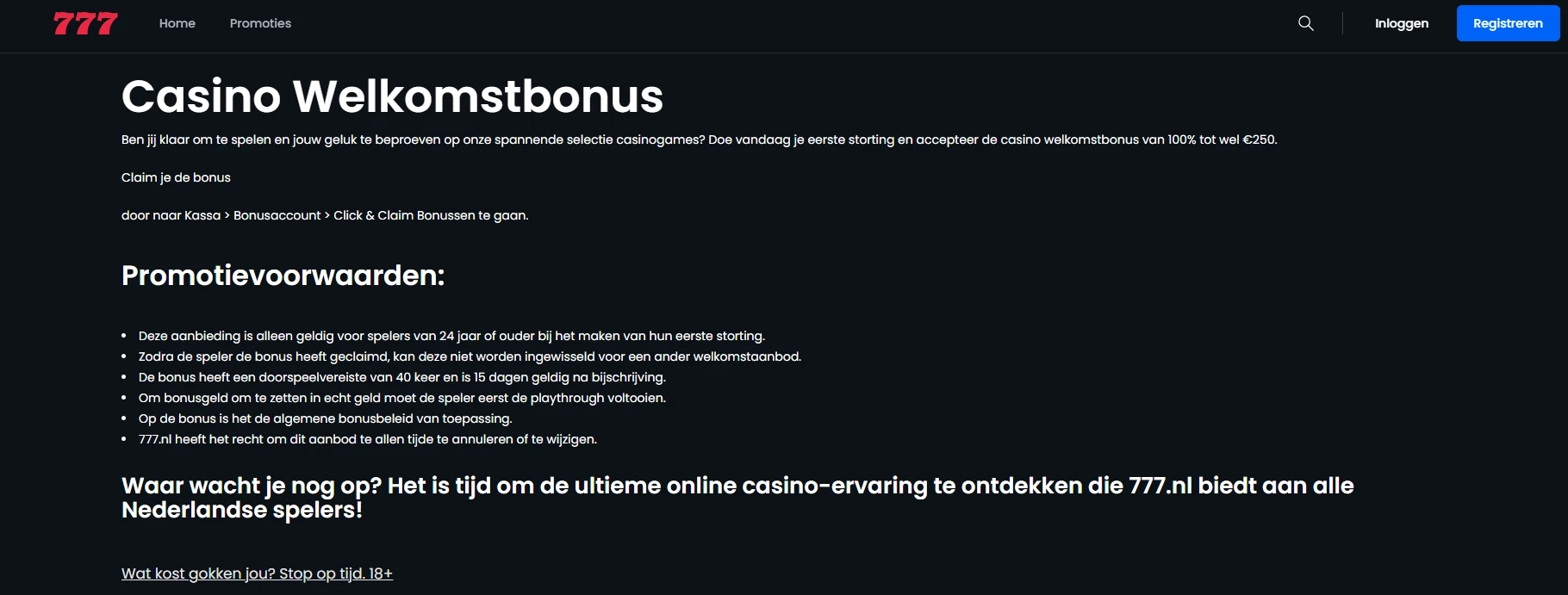 Welkomstbonus van Casino777 met het actuele bonusbedrag en de belangrijkste voorwaarden