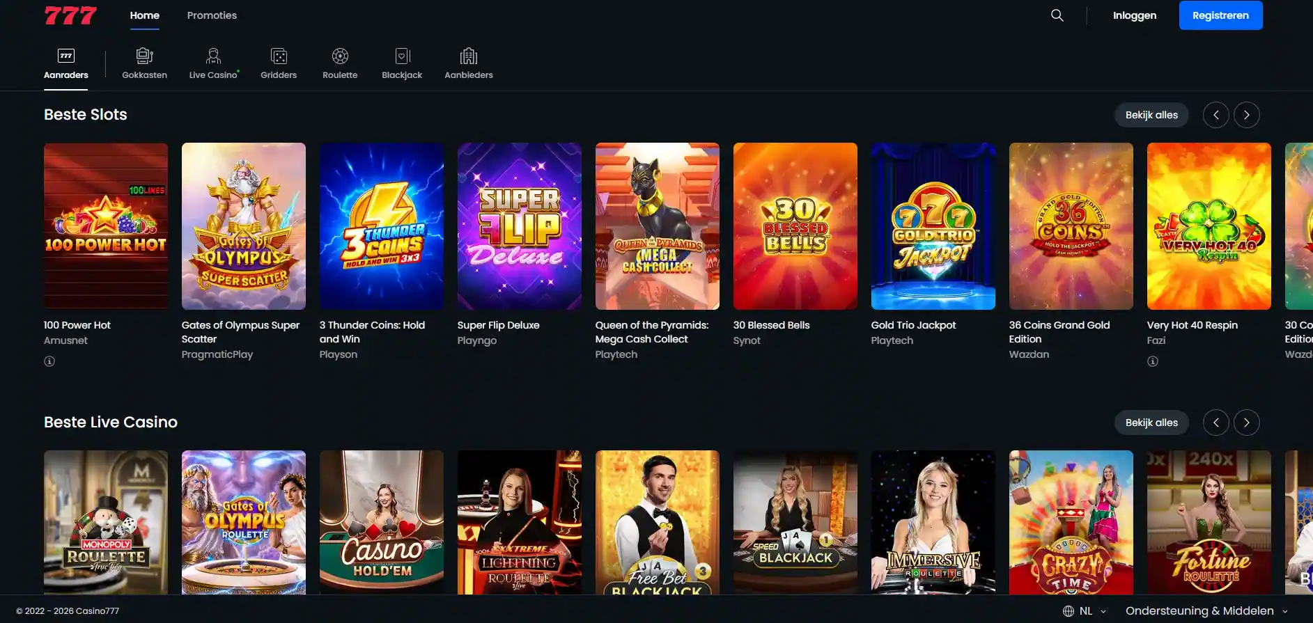 Casino777 spellobby met verschillende slots, tafelspellen en live casinotitels