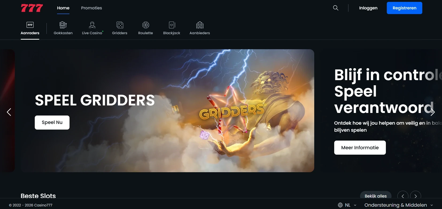 Casino777 homepage met navigatie en casino-aanbod voor Nederlandse spelers