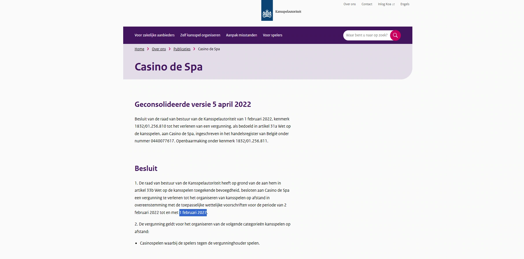 Vergunningsinformatie van Casino de Spa bij de Kansspelautoriteit